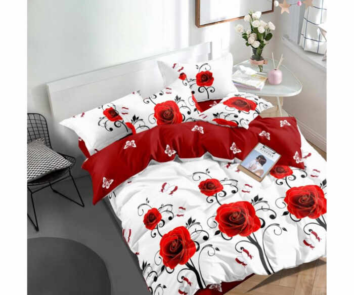 Lenjerie de pat cu 6 piese F023, material finet, Alba Motive trandafiri rosii