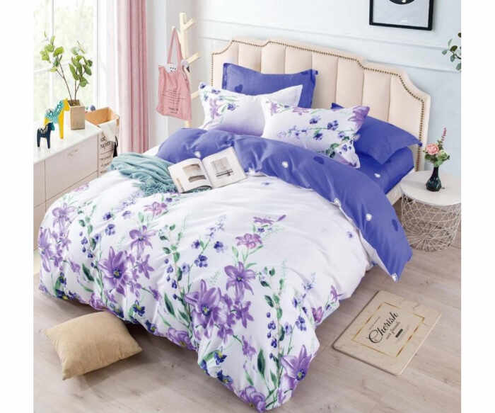 Lenjerie de pat cu 6 piese F028, material finet, Alba Motive florale violet